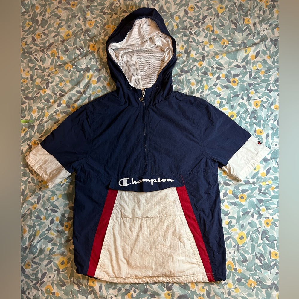 Vintage Champion 3 Quarter Zip Up Pullover Hoodie Short Sleeve Sz Small